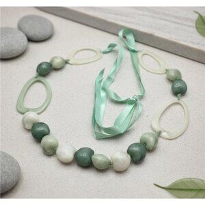 Vintage Green Ivory Heart Bead Necklace Ribbon Tie Oversized Oval Statement OS